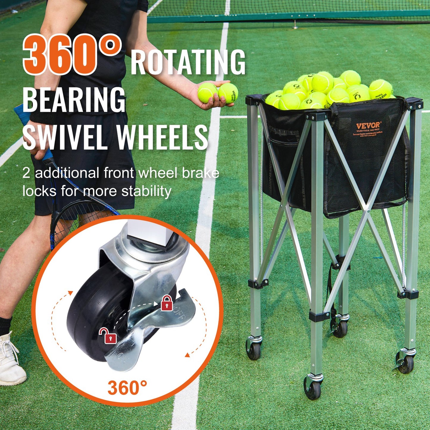 Foldable Tennis Ball Hopper, Holds 180 Tennis Balls, Lightweight Aluminum Alloy Tennis Ball Basket Cart with Wheels, Removable Bag, Carry Bag, Portable Sports Teaching Cart for Tennis Player - Image 5