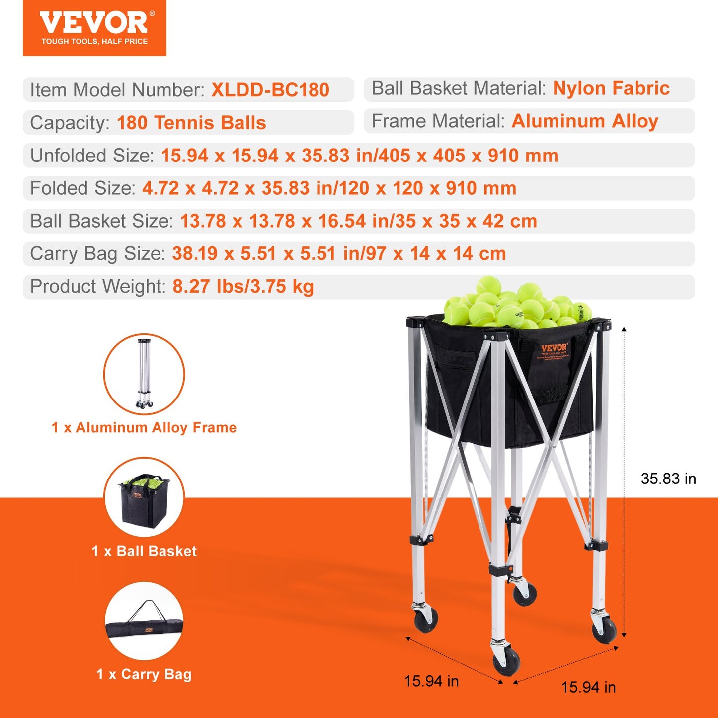 Foldable Tennis Ball Hopper, Holds 180 Tennis Balls, Lightweight Aluminum Alloy Tennis Ball Basket Cart with Wheels, Removable Bag, Carry Bag, Portable Sports Teaching Cart for Tennis Player - Image 7