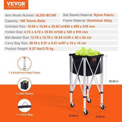 Foldable Tennis Ball Hopper, Holds 180 Tennis Balls, Lightweight Aluminum Alloy Tennis Ball Basket Cart with Wheels, Removable Bag, Carry Bag, Portable Sports Teaching Cart for Tennis Player - Image 7