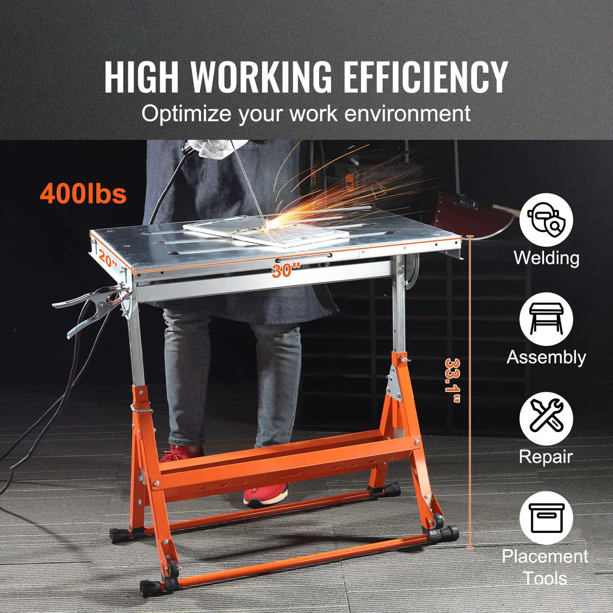 Welding Table 30" x 20", 400lbs Load Capacity Steel Welding Workbench Table on Wheels, Folding Work Bench with Three 1.1" Slot, 3 Tilt Angles, Adjustable Height, Retractable Guide Rails - Image 2