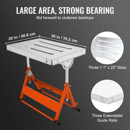 Welding Table 30" x 20", 400lbs Load Capacity Steel Welding Workbench Table on Wheels, Folding Work Bench with Three 1.1" Slot, 3 Tilt Angles, Adjustable Height, Retractable Guide Rails - Image 5