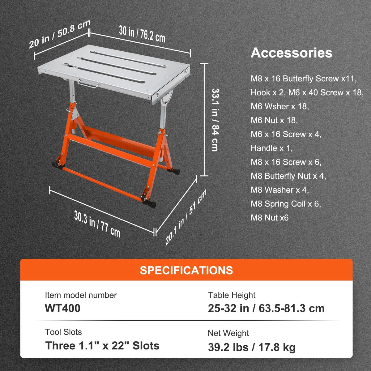 Welding Table 30" x 20", 400lbs Load Capacity Steel Welding Workbench Table on Wheels, Folding Work Bench with Three 1.1" Slot, 3 Tilt Angles, Adjustable Height, Retractable Guide Rails - Image 7
