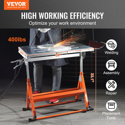 Welding Table 30" x 20", 400lbs Load Capacity Steel Welding Workbench Table on Wheels, Folding Work Bench with Three 1.1" Slot, 3 Tilt Angles, Adjustable Height, Retractable Guide Rails - Image 2