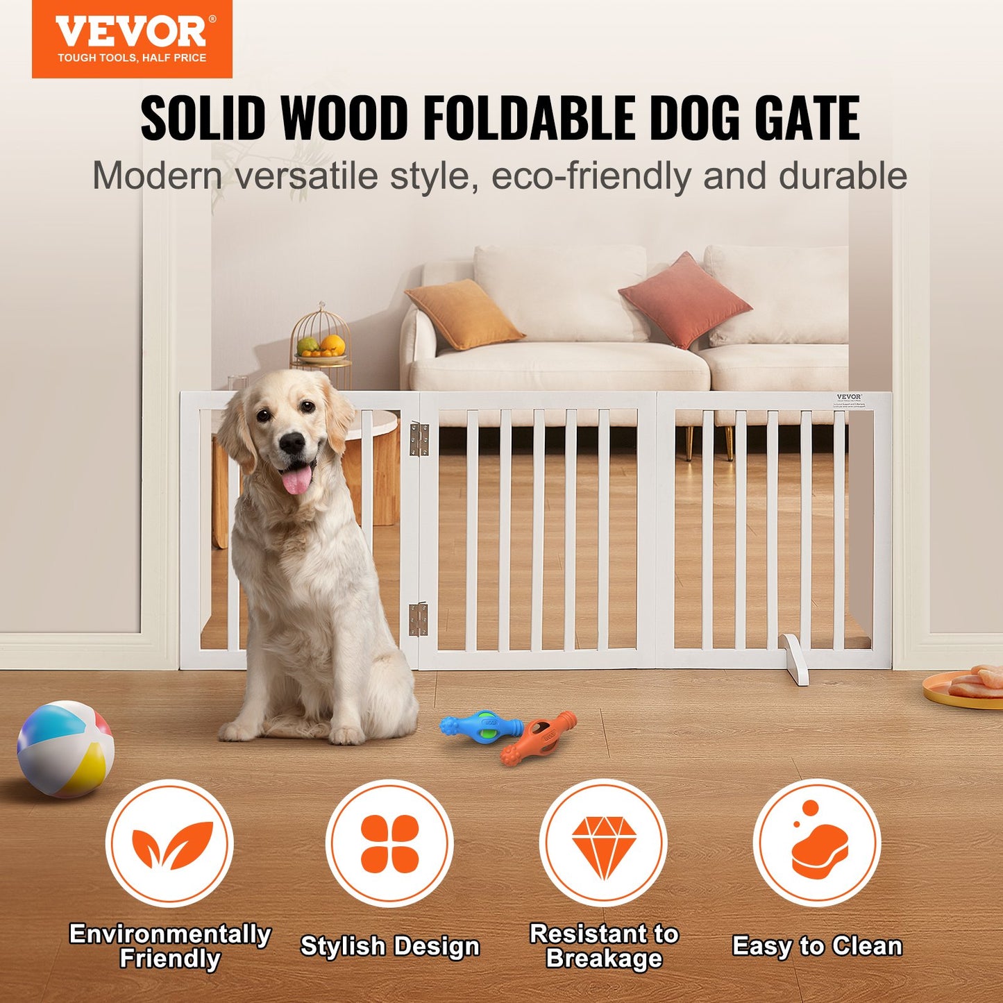 Free Standing Dog Gate, 24" H x 60" W Freestanding Pet Gate, 3 Panels Foldable Dog Gate for Wide and Narrow Passageways, Expandable Dog Barrier with Silent Foot Support for Indoor, White - Image 2
