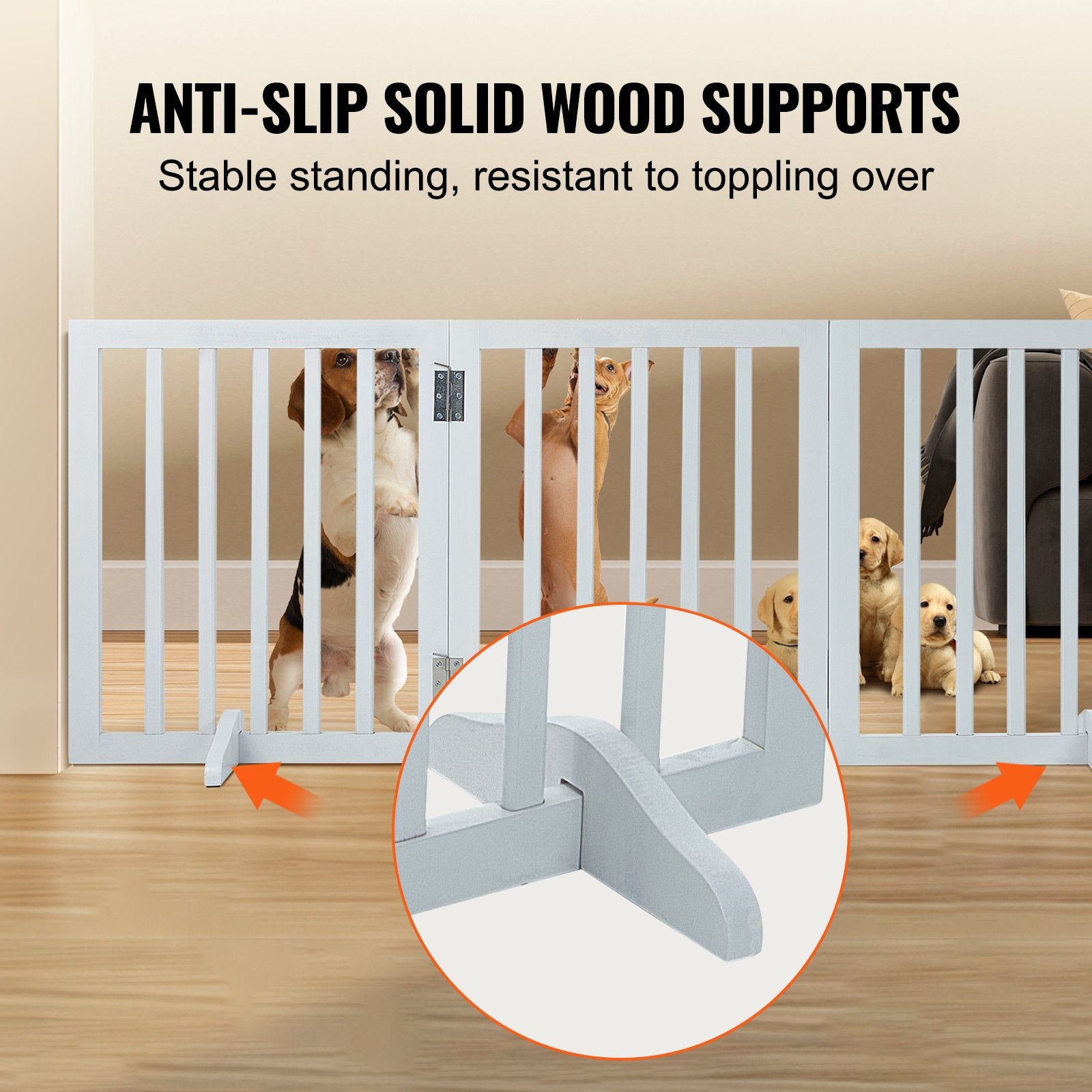 Free Standing Dog Gate, 24" H x 60" W Freestanding Pet Gate, 3 Panels Foldable Dog Gate for Wide and Narrow Passageways, Expandable Dog Barrier with Silent Foot Support for Indoor, White - Image 4