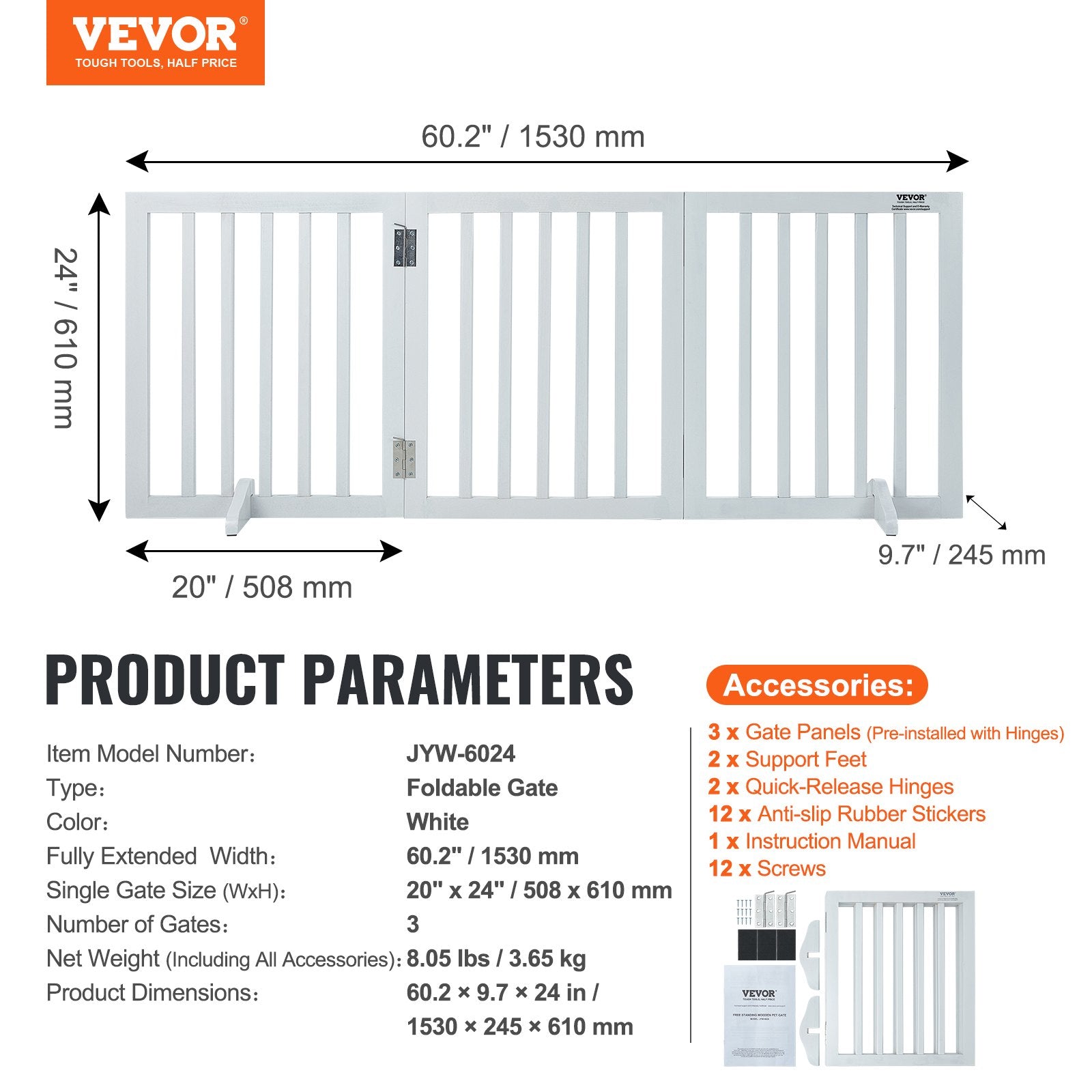 Free Standing Dog Gate, 24" H x 60" W Freestanding Pet Gate, 3 Panels Foldable Dog Gate for Wide and Narrow Passageways, Expandable Dog Barrier with Silent Foot Support for Indoor, White - Image 7
