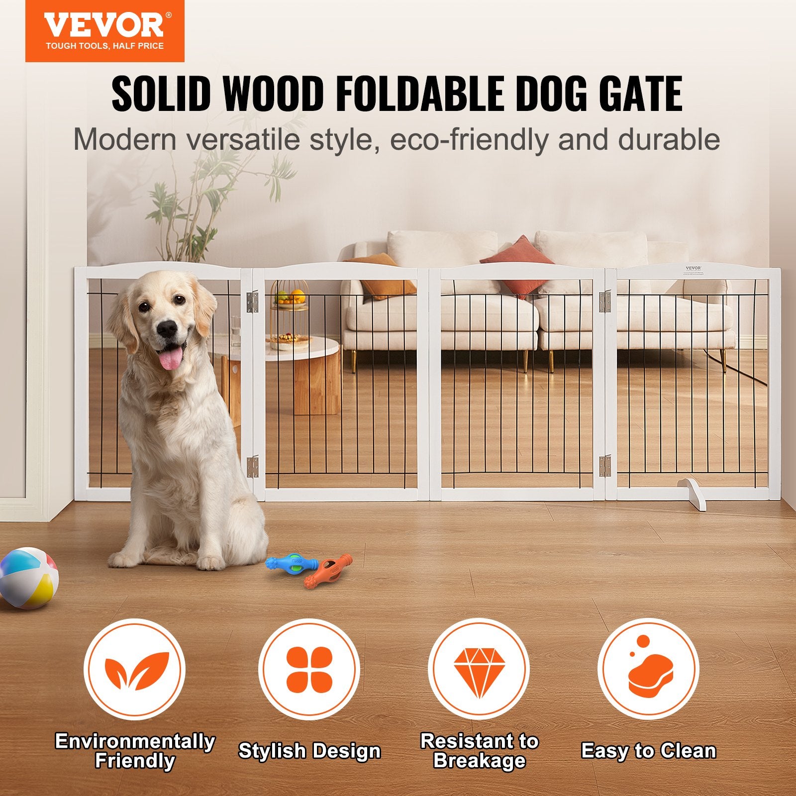 Free Standing Dog Gate, 32" H x 96.5" W Freestanding Pet Gate, 4 Panels Foldable Dog Gate for Wide and Narrow Passageways, Expandable Dog Barrier with Silent Foot Support for Indoor, White - Image 2
