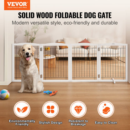 Free Standing Dog Gate, 32" H x 96.5" W Freestanding Pet Gate, 4 Panels Foldable Dog Gate for Wide and Narrow Passageways, Expandable Dog Barrier with Silent Foot Support for Indoor, White - Image 2