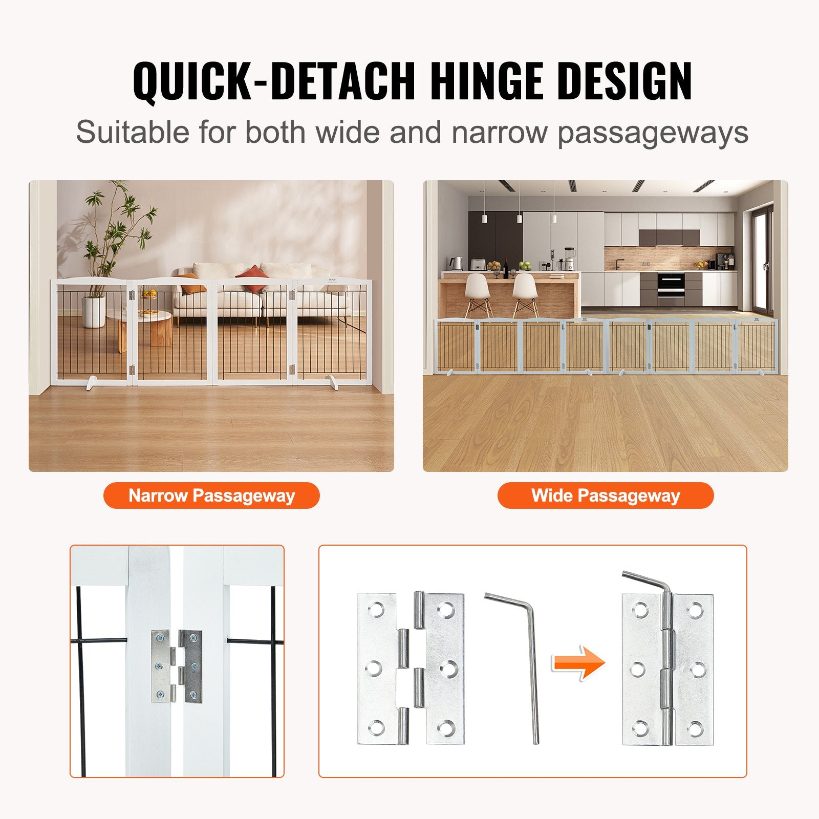 Free Standing Dog Gate, 32" H x 96.5" W Freestanding Pet Gate, 4 Panels Foldable Dog Gate for Wide and Narrow Passageways, Expandable Dog Barrier with Silent Foot Support for Indoor, White - Image 3
