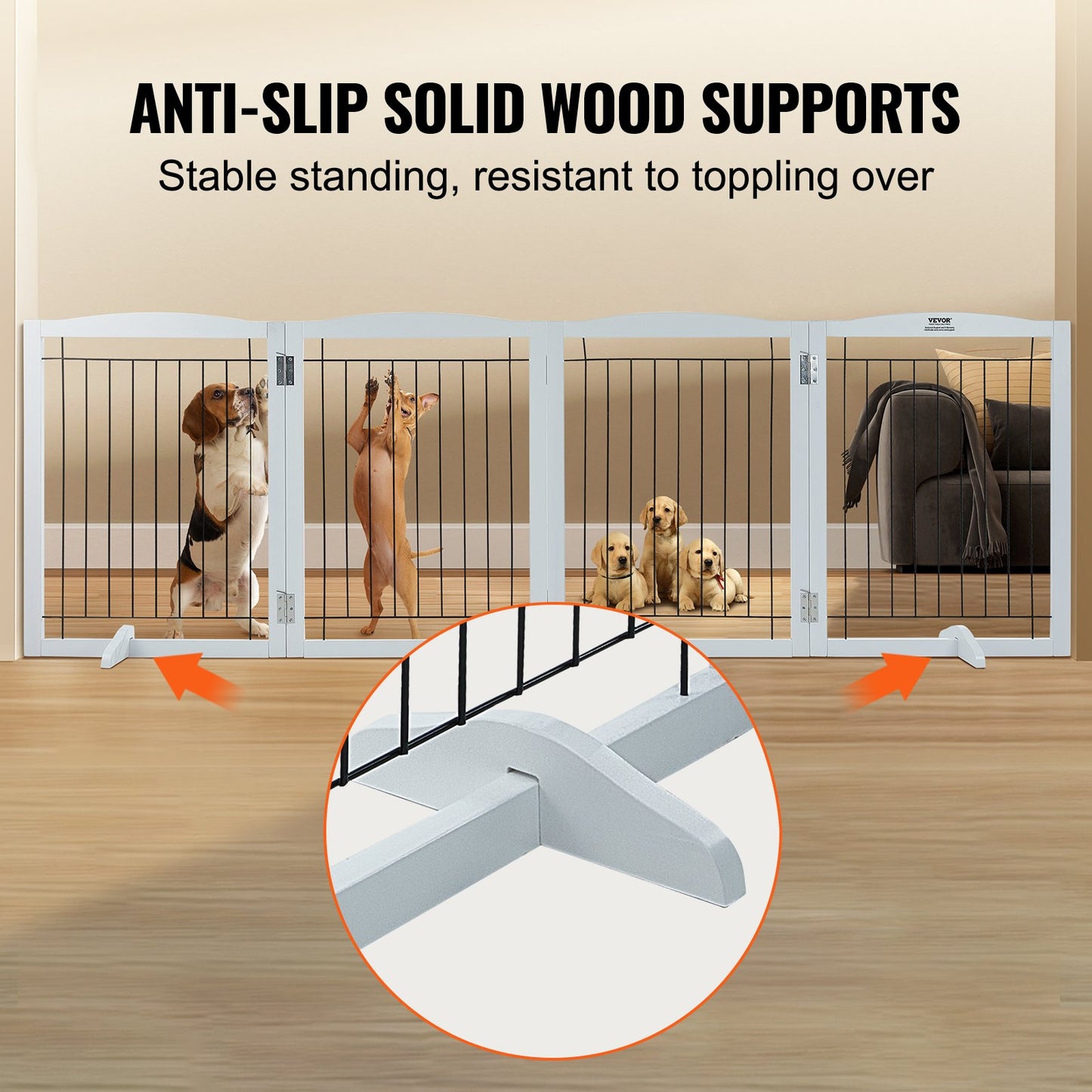 Free Standing Dog Gate, 32" H x 96.5" W Freestanding Pet Gate, 4 Panels Foldable Dog Gate for Wide and Narrow Passageways, Expandable Dog Barrier with Silent Foot Support for Indoor, White - Image 4