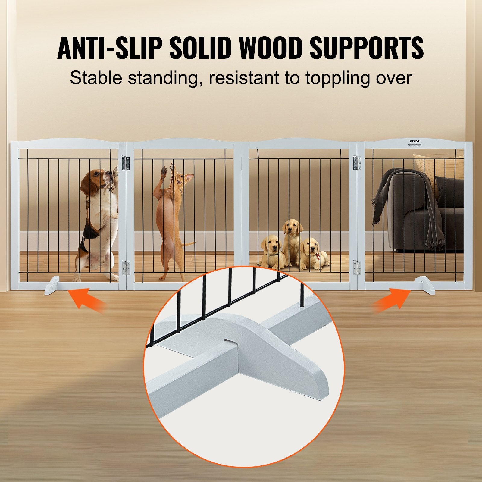 Free Standing Dog Gate, 32" H x 96.5" W Freestanding Pet Gate, 4 Panels Foldable Dog Gate for Wide and Narrow Passageways, Expandable Dog Barrier with Silent Foot Support for Indoor, White - Image 4