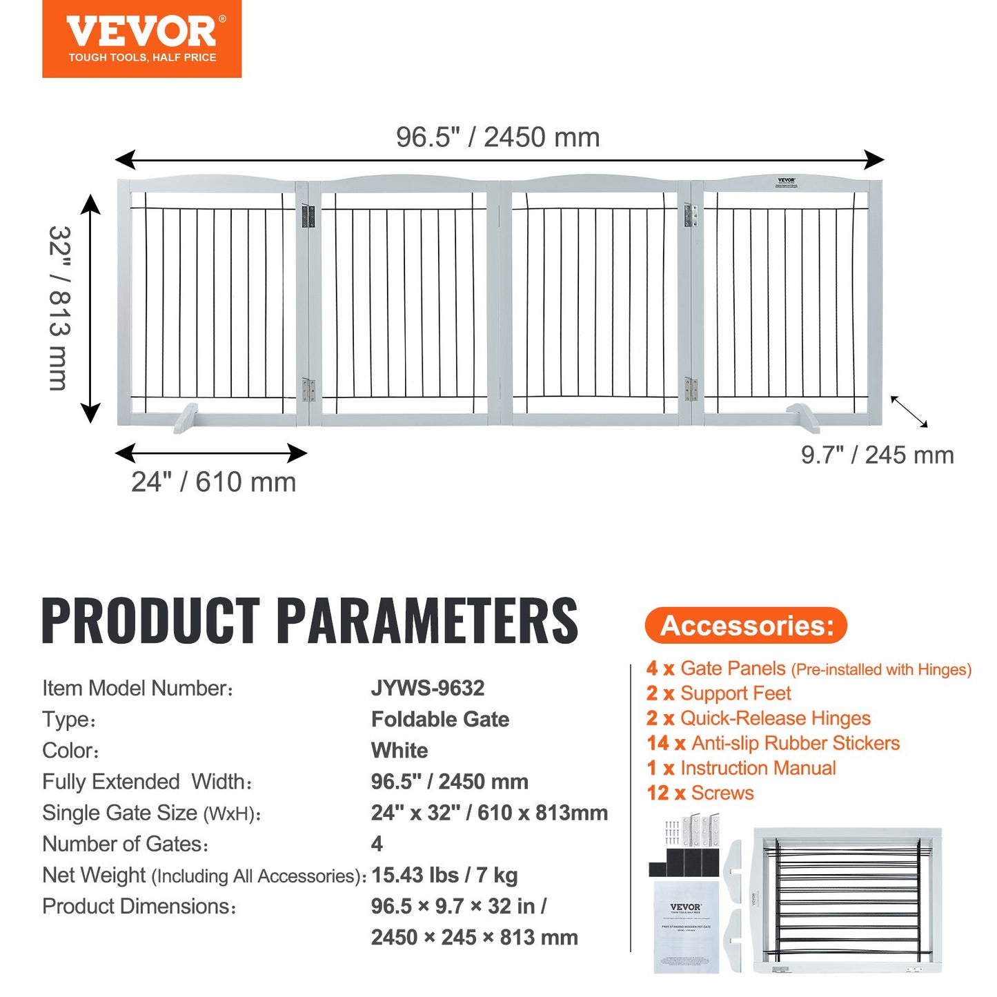 Free Standing Dog Gate, 32" H x 96.5" W Freestanding Pet Gate, 4 Panels Foldable Dog Gate for Wide and Narrow Passageways, Expandable Dog Barrier with Silent Foot Support for Indoor, White - Image 7