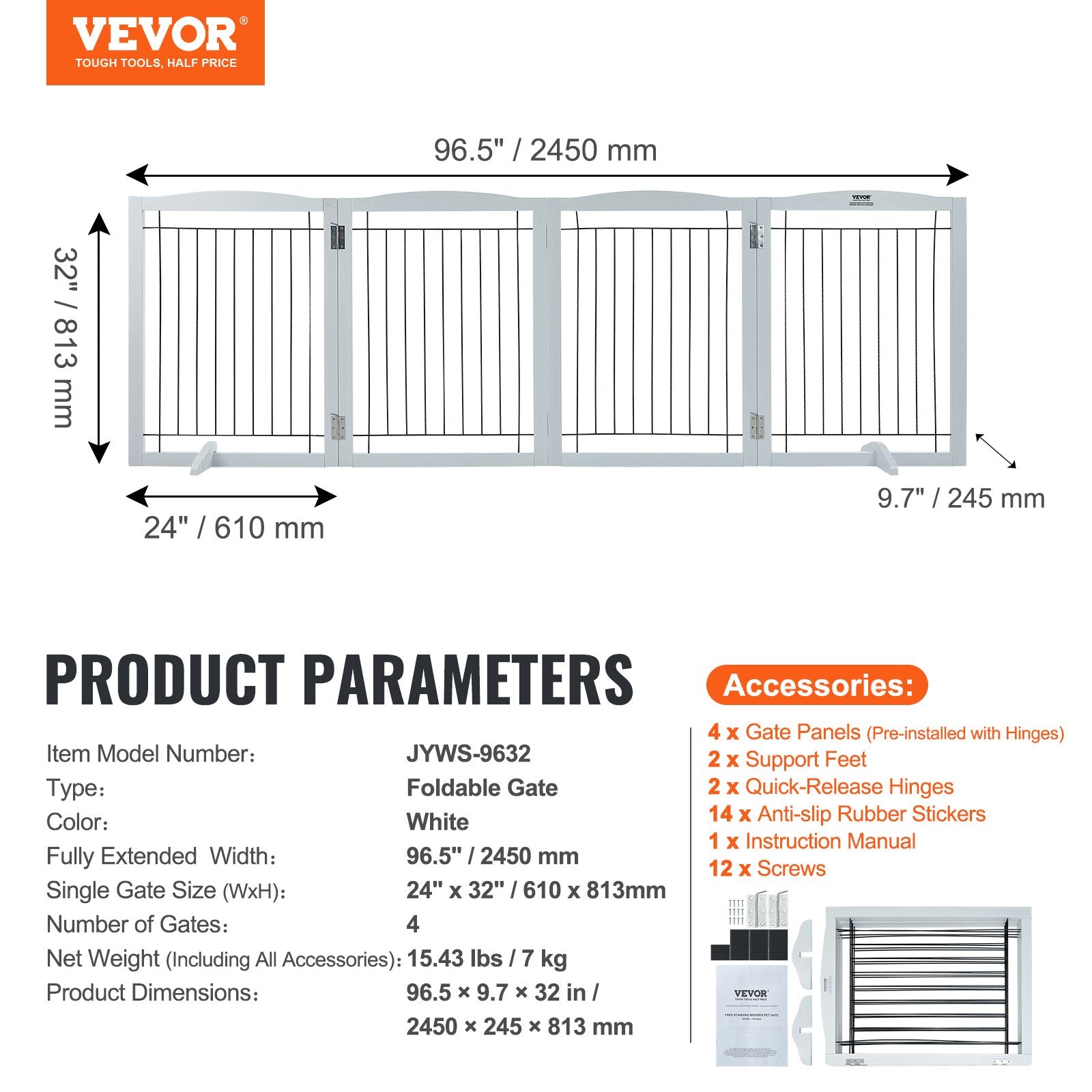 Free Standing Dog Gate, 32" H x 96.5" W Freestanding Pet Gate, 4 Panels Foldable Dog Gate for Wide and Narrow Passageways, Expandable Dog Barrier with Silent Foot Support for Indoor, White - Image 7