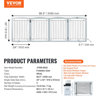 Free Standing Dog Gate, 32" H x 96.5" W Freestanding Pet Gate, 4 Panels Foldable Dog Gate for Wide and Narrow Passageways, Expandable Dog Barrier with Silent Foot Support for Indoor, White - Image 7