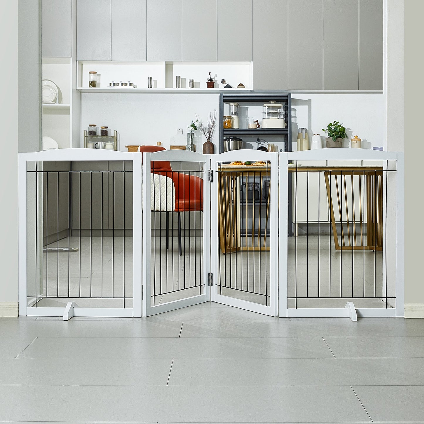 Free Standing Dog Gate, 32" H x 96.5" W Freestanding Pet Gate, 4 Panels Foldable Dog Gate for Wide and Narrow Passageways, Expandable Dog Barrier with Silent Foot Support for Indoor, White - Image 8