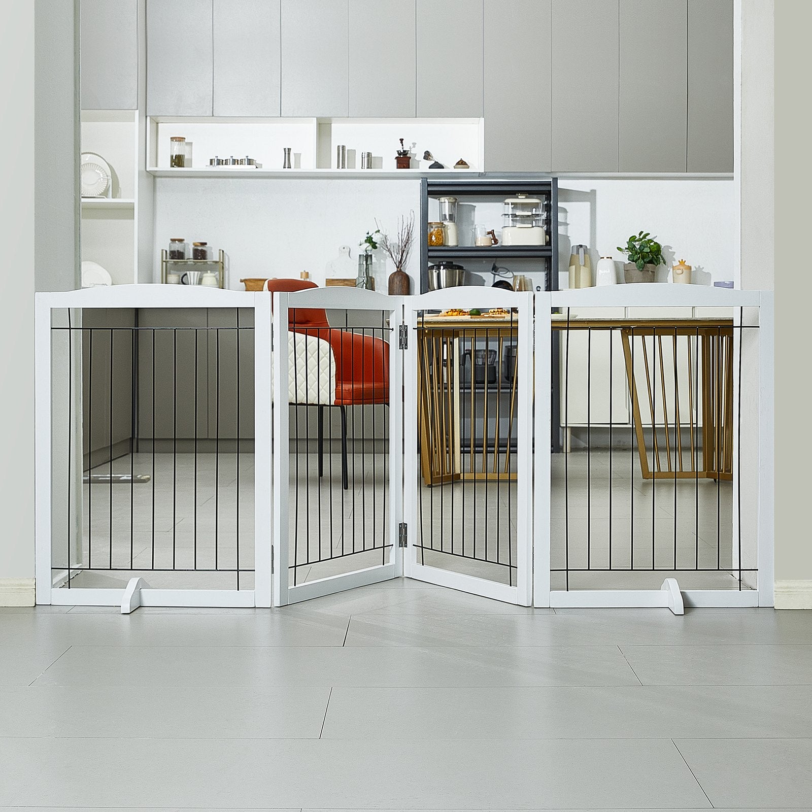 Free Standing Dog Gate, 32" H x 96.5" W Freestanding Pet Gate, 4 Panels Foldable Dog Gate for Wide and Narrow Passageways, Expandable Dog Barrier with Silent Foot Support for Indoor, White - Image 8