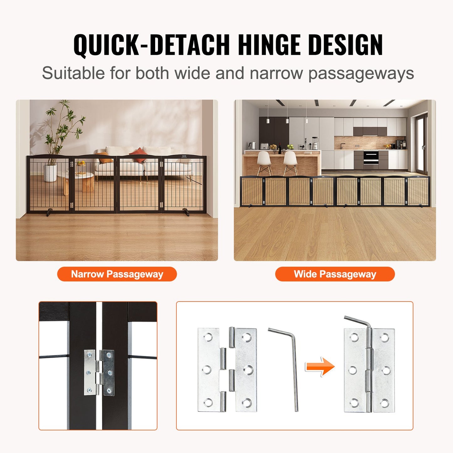 Free Standing Dog Gate 32x96.5 inch Freestanding Pet Gate Foldable Brown - Image 3