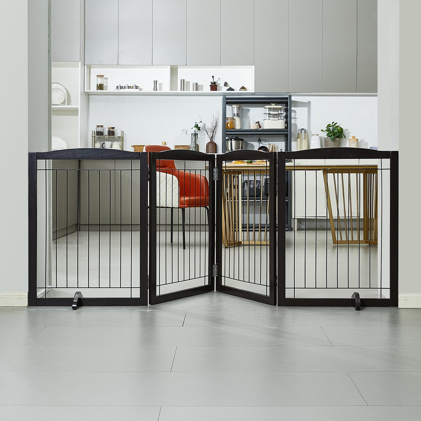 Free Standing Dog Gate 32x96.5 inch Freestanding Pet Gate Foldable Brown - Image 8