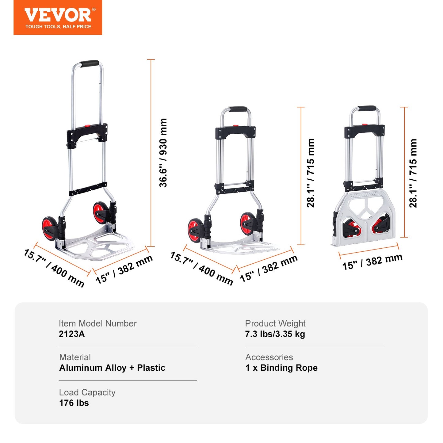 Folding Hand Truck, 80 kg Load Capacity, Aluminum Portable Cart, Convertible Hand Truck and Dolly with Telescoping Handle and Rubber Wheels, Ultra Lightweight Super Strong for Moving Warehouse - Image 7