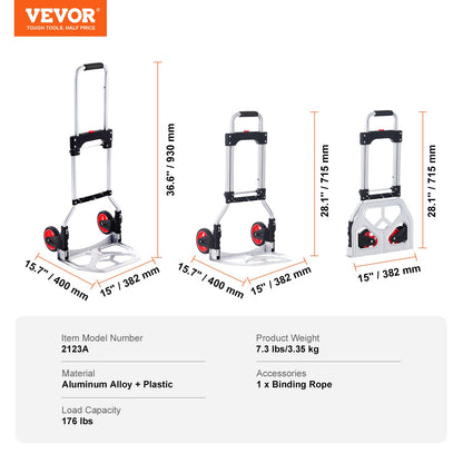 Folding Hand Truck, 80 kg Load Capacity, Aluminum Portable Cart, Convertible Hand Truck and Dolly with Telescoping Handle and Rubber Wheels, Ultra Lightweight Super Strong for Moving Warehouse - Image 7
