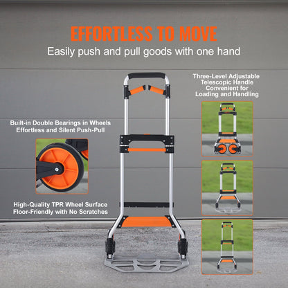 Folding Hand Truck, 140 kg Load Capacity, Aluminum Portable Cart, Convertible Hand Truck and Dolly with Telescoping Handle and PP+TPR Wheels, Ultra Lightweight Super Strong for Moving Warehouse - Image 3