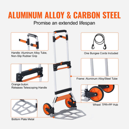 Folding Hand Truck, 140 kg Load Capacity, Aluminum Portable Cart, Convertible Hand Truck and Dolly with Telescoping Handle and PP+TPR Wheels, Ultra Lightweight Super Strong for Moving Warehouse - Image 4
