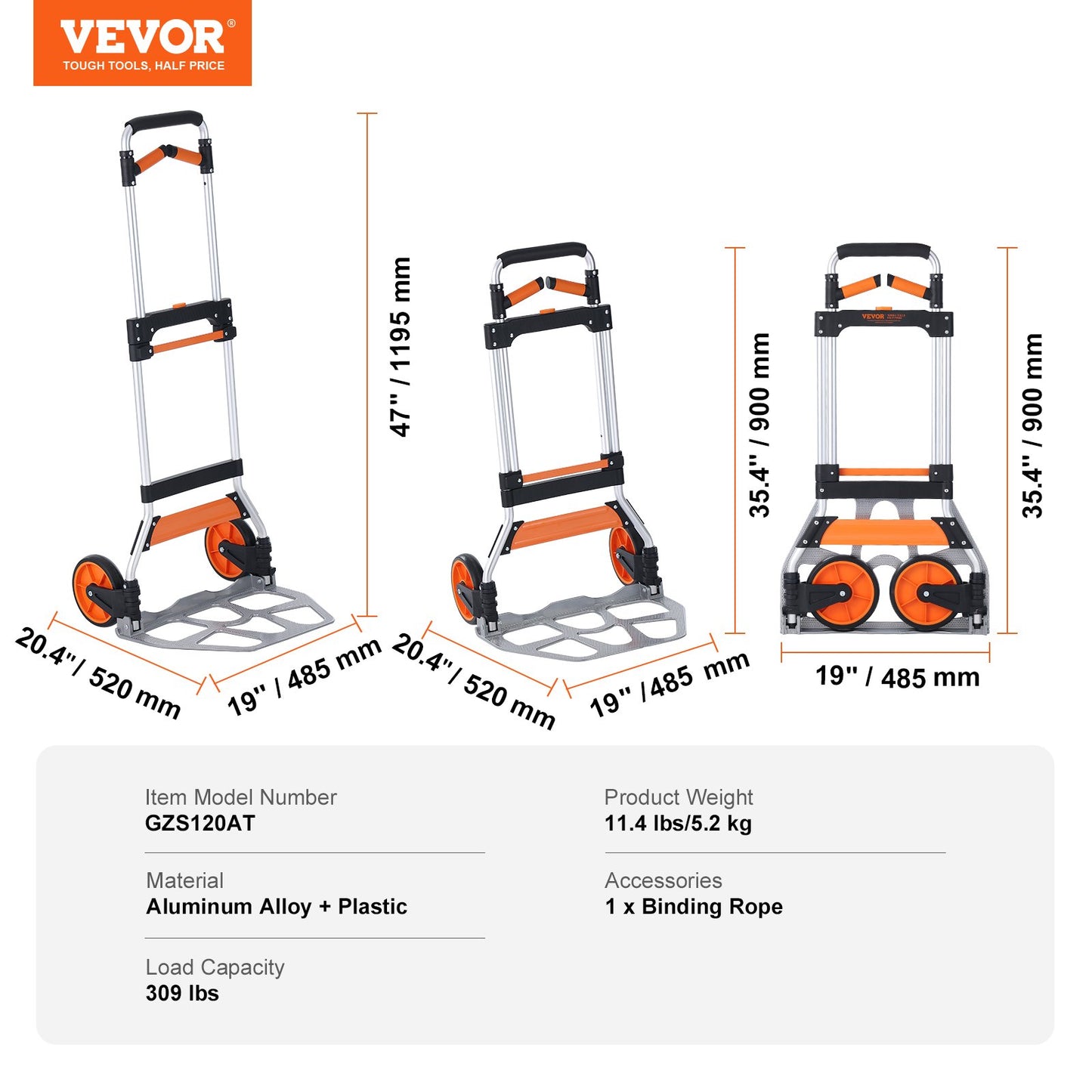 Folding Hand Truck, 140 kg Load Capacity, Aluminum Portable Cart, Convertible Hand Truck and Dolly with Telescoping Handle and PP+TPR Wheels, Ultra Lightweight Super Strong for Moving Warehouse - Image 7