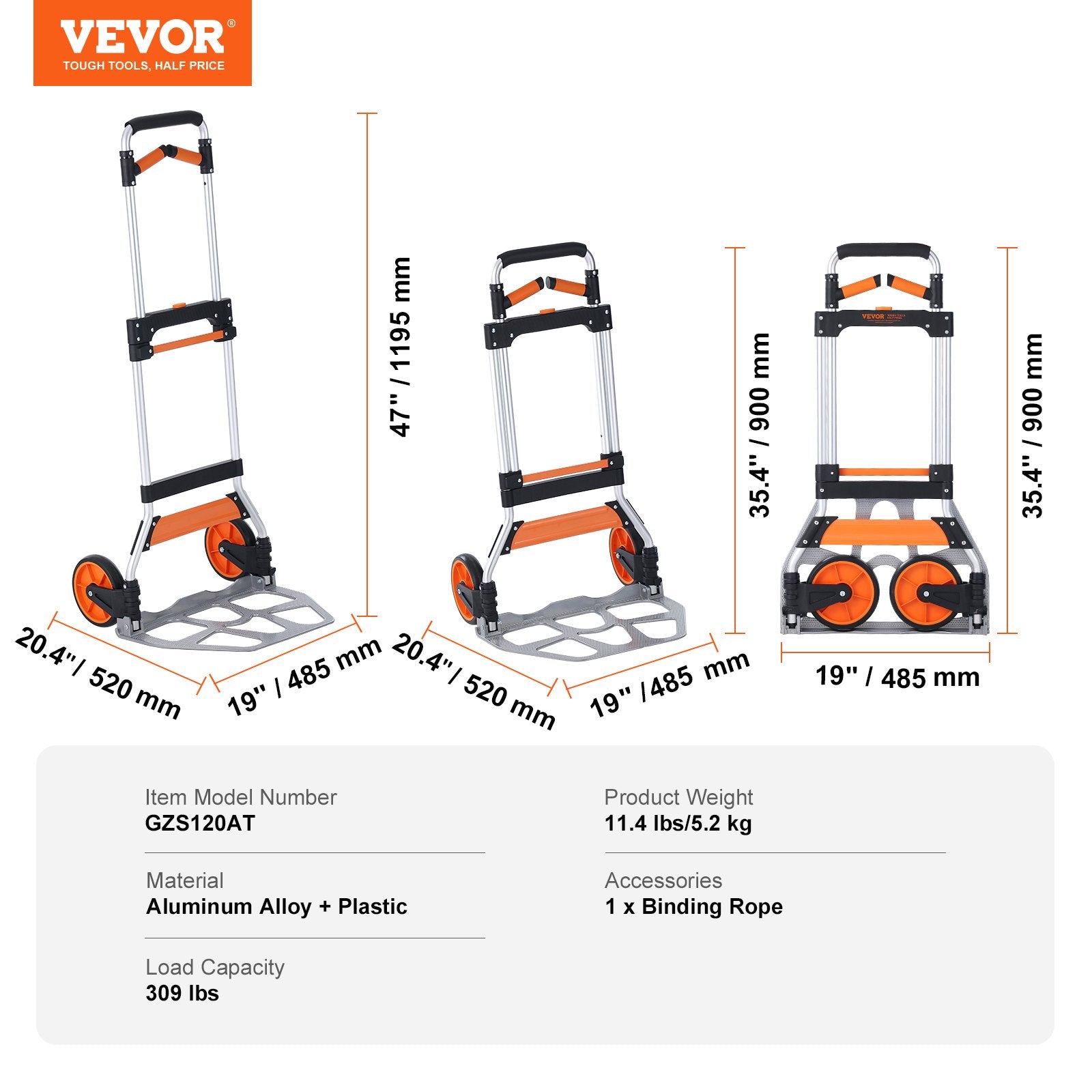 Folding Hand Truck, 140 kg Load Capacity, Aluminum Portable Cart, Convertible Hand Truck and Dolly with Telescoping Handle and PP+TPR Wheels, Ultra Lightweight Super Strong for Moving Warehouse - Image 7