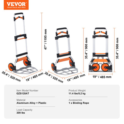 Folding Hand Truck, 140 kg Load Capacity, Aluminum Portable Cart, Convertible Hand Truck and Dolly with Telescoping Handle and PP+TPR Wheels, Ultra Lightweight Super Strong for Moving Warehouse - Image 7