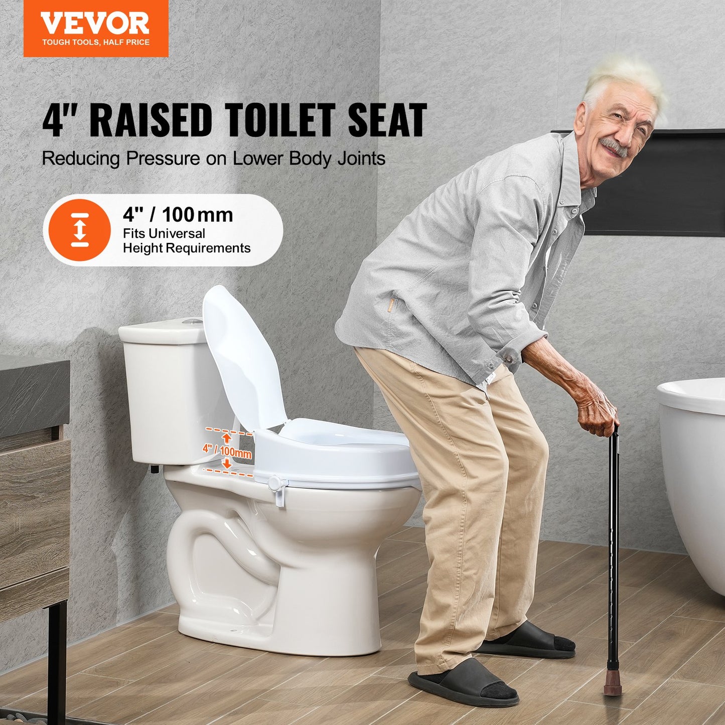 Raised Toilet Seat, 100 mm Height Raised, 136 kg Weight Capacity, Universal Toilet Seat Riser, Screw Rod Locking, with Toilet Seat, for Elderly, Handicap, Patient, Pregnant, Medical - Image 2