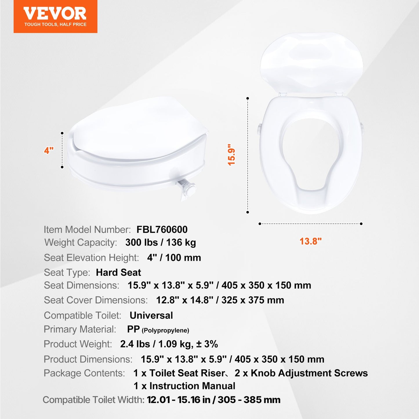 Raised Toilet Seat, 100 mm Height Raised, 136 kg Weight Capacity, Universal Toilet Seat Riser, Screw Rod Locking, with Toilet Seat, for Elderly, Handicap, Patient, Pregnant, Medical - Image 7