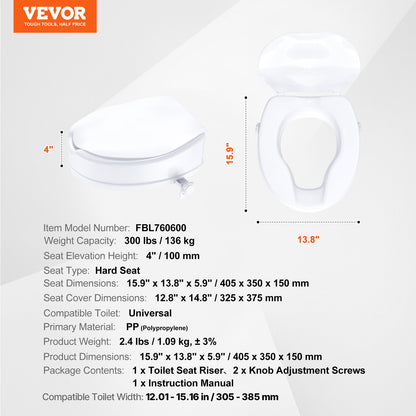 Raised Toilet Seat, 100 mm Height Raised, 136 kg Weight Capacity, Universal Toilet Seat Riser, Screw Rod Locking, with Toilet Seat, for Elderly, Handicap, Patient, Pregnant, Medical - Image 7