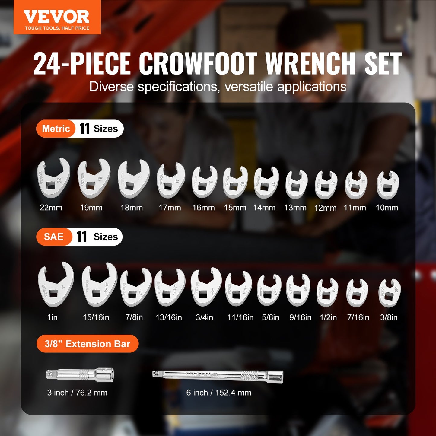 3/8" Drive Crowfoot Wrench Set with 2 Extension Bars, 24-Piece Crows Foot Wrench Set, SAE 3/8"-1" and Metric 10-22 mm, CR-MO Steel Crowfoot Wrench Set, with EVA Tool Organizer - Image 2
