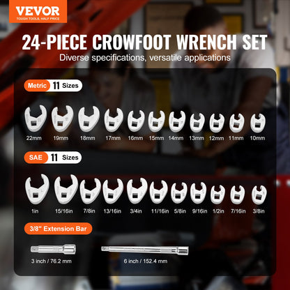 3/8" Drive Crowfoot Wrench Set with 2 Extension Bars, 24-Piece Crows Foot Wrench Set, SAE 3/8"-1" and Metric 10-22 mm, CR-MO Steel Crowfoot Wrench Set, with EVA Tool Organizer - Image 2