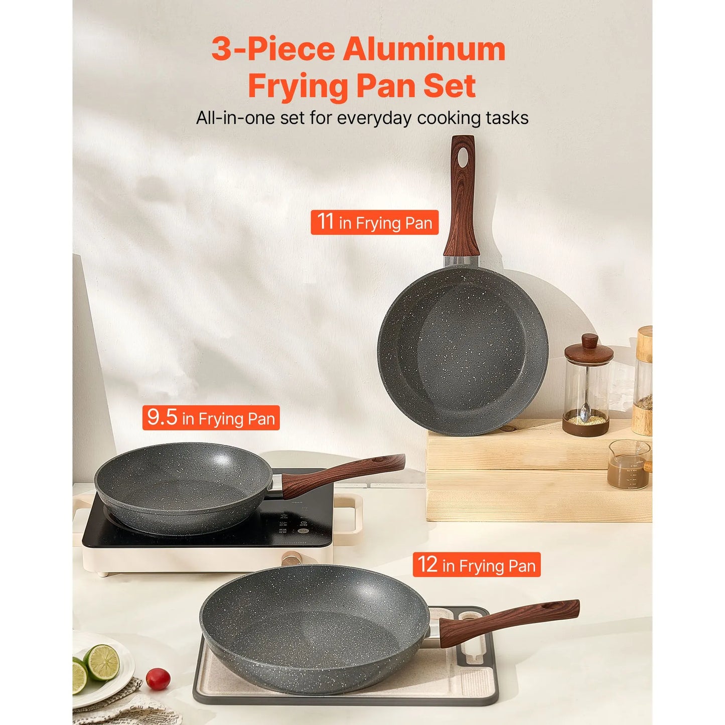 Frying Pan Skillet, Aluminum Egg Fry Pans, 3 Piece Set (250, 280, 325 mm), Nonsitck Heavy-Duty Skillets with Heat-Resistant Handle, Chef's Kitchen Cookware, for Gas, Electric, Induction, Grey - Image 2