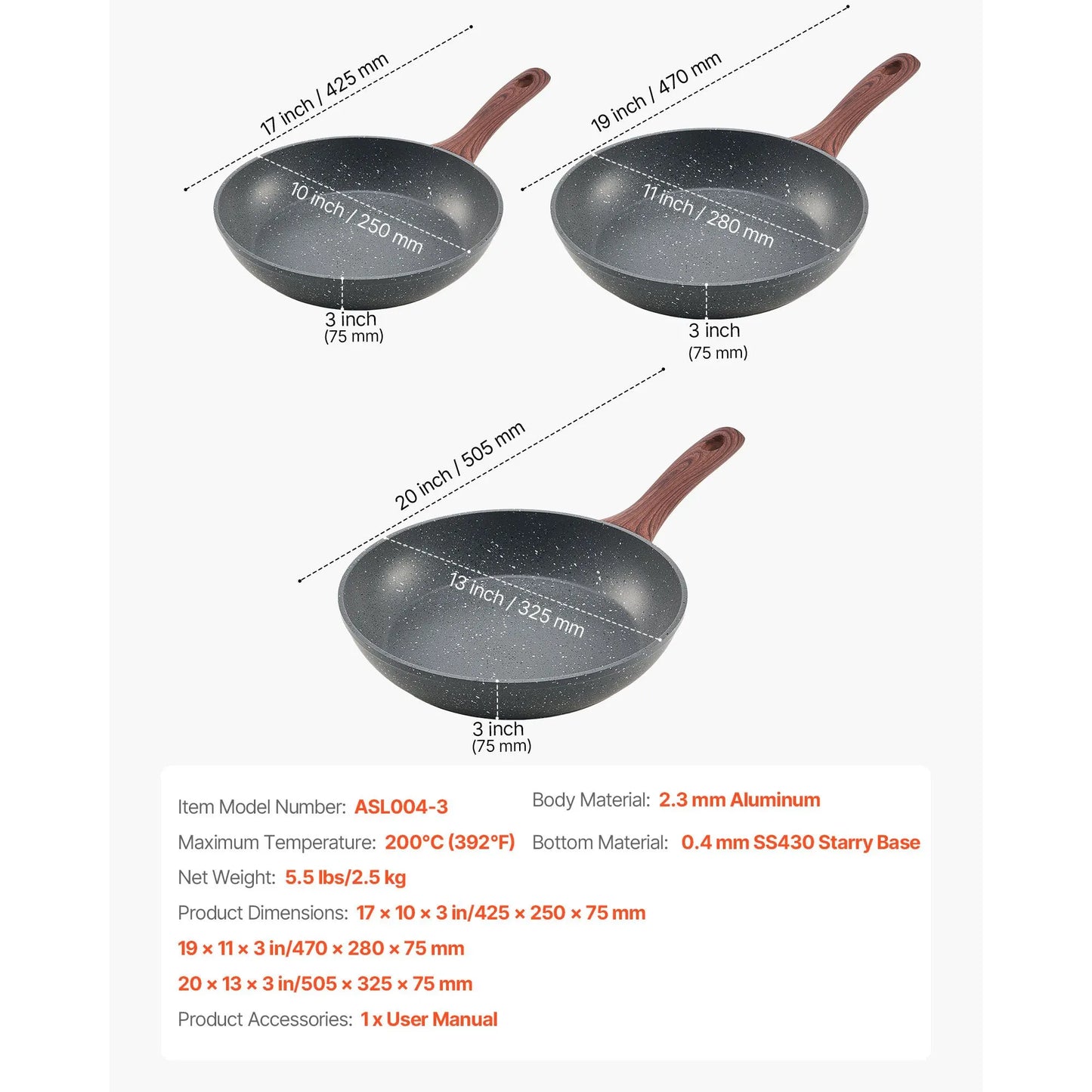 Frying Pan Skillet, Aluminum Egg Fry Pans, 3 Piece Set (250, 280, 325 mm), Nonsitck Heavy-Duty Skillets with Heat-Resistant Handle, Chef's Kitchen Cookware, for Gas, Electric, Induction, Grey - Image 7
