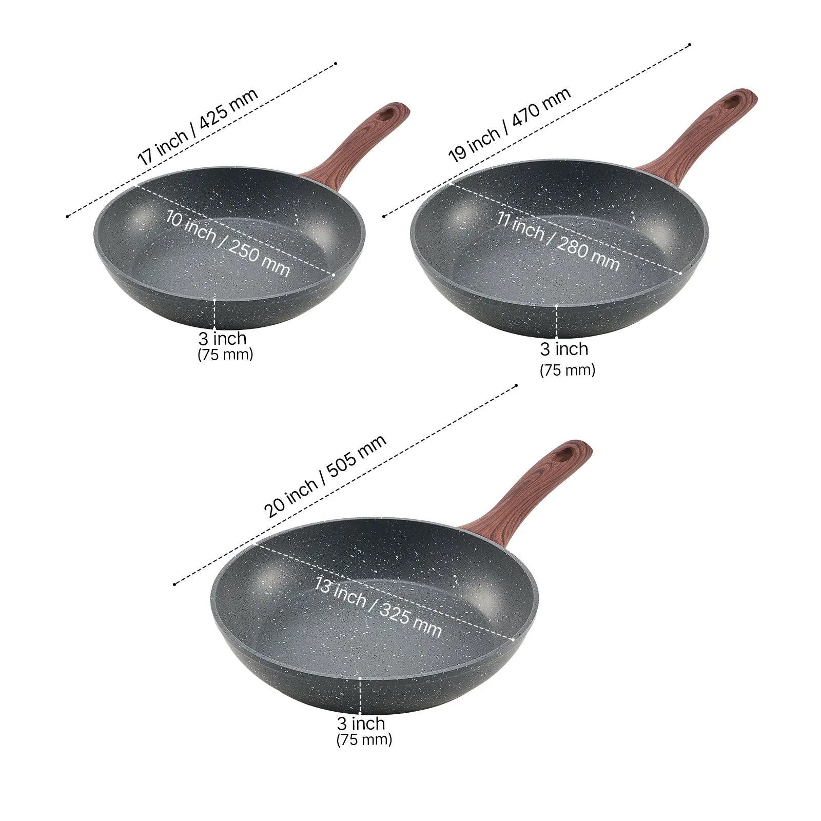 Frying Pan Skillet, Aluminum Egg Fry Pans, 3 Piece Set (250, 280, 325 mm), Nonsitck Heavy-Duty Skillets with Heat-Resistant Handle, Chef's Kitchen Cookware, for Gas, Electric, Induction, Grey - Image 8