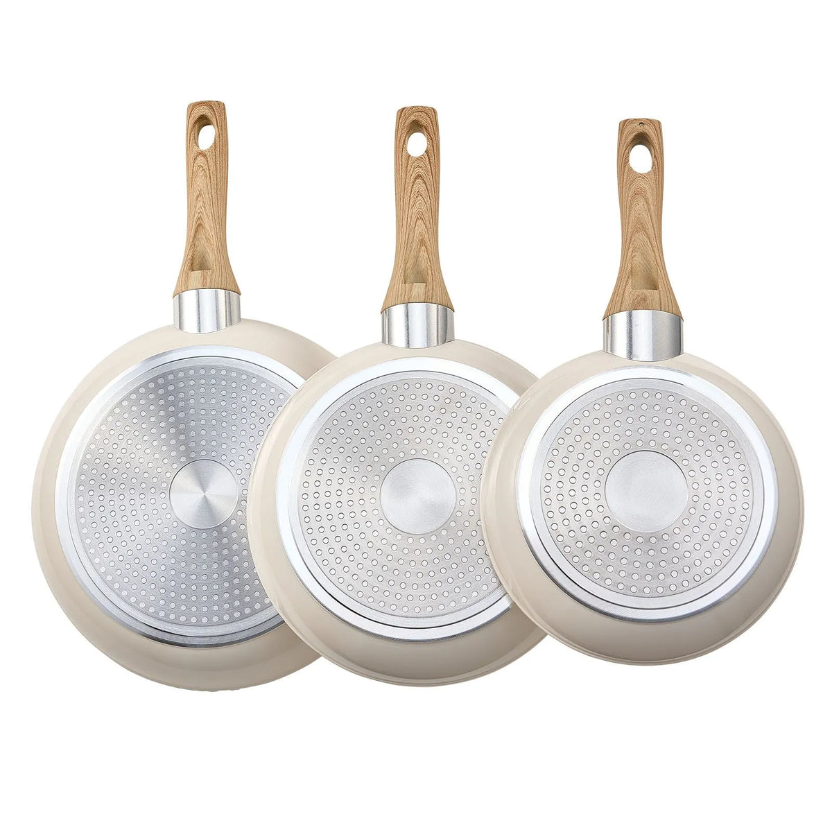 Frying Pan Skillet, Aluminum Egg Fry Pans, 3 Pcs (200, 240, 280 mm), Nonsitck Ceramic Heavy-Duty Skillets with Heat-Resistant Handle, Chef's Kitchen Cookware for Gas, Electric, Induction, Beige