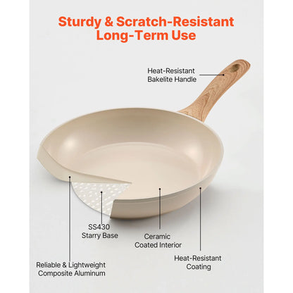 Frying Pan Skillet, Aluminum Egg Fry Pans, 3 Pcs (200, 240, 280 mm), Nonsitck Ceramic Heavy-Duty Skillets with Heat-Resistant Handle, Chef's Kitchen Cookware for Gas, Electric, Induction, Beige - Image 3