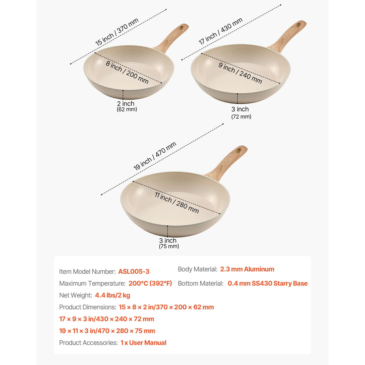 Frying Pan Skillet, Aluminum Egg Fry Pans, 3 Pcs (200, 240, 280 mm), Nonsitck Ceramic Heavy-Duty Skillets with Heat-Resistant Handle, Chef's Kitchen Cookware for Gas, Electric, Induction, Beige - Image 7