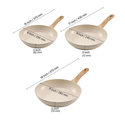 Frying Pan Skillet, Aluminum Egg Fry Pans, 3 Pcs (200, 240, 280 mm), Nonsitck Ceramic Heavy-Duty Skillets with Heat-Resistant Handle, Chef's Kitchen Cookware for Gas, Electric, Induction, Beige - Image 8