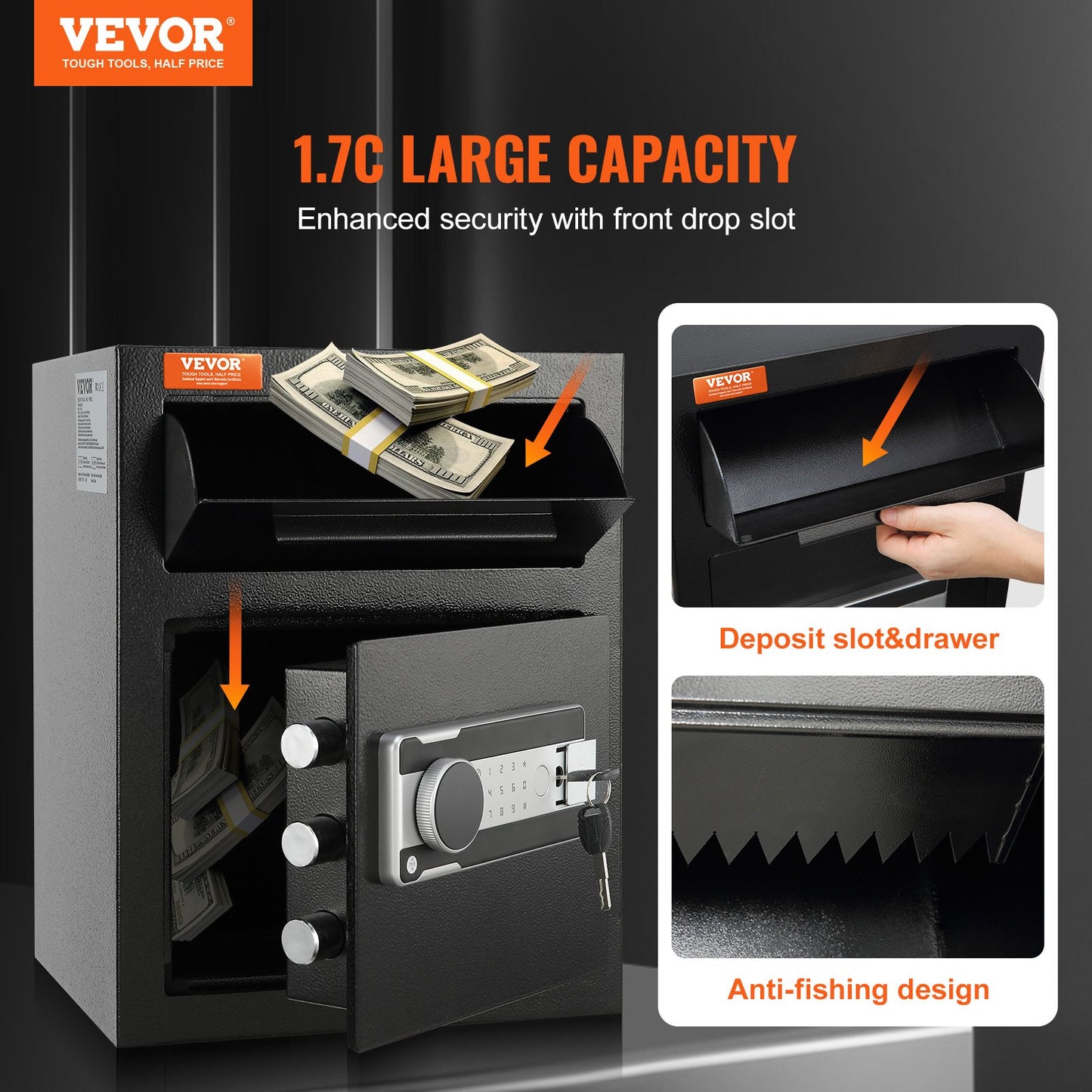 1.7 Cub Depository Safe, Deposit Safe with Drop Slot, Electronic Code Lock and 2 Emergency Keys, 17.71'' x 13.77'' x 13.77'' Business Drop Slot Safe for Cash, Mail in Home, Hotel, Office - Image 2