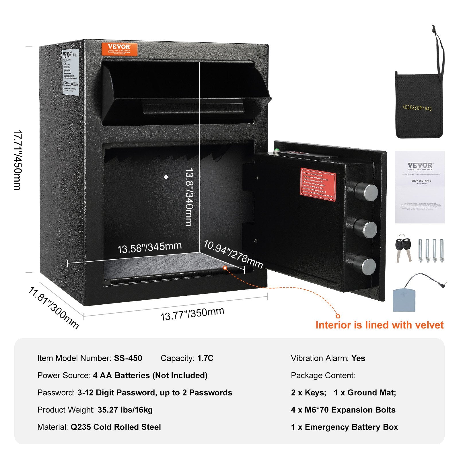 1.7 Cub Depository Safe, Deposit Safe with Drop Slot, Electronic Code Lock and 2 Emergency Keys, 17.71'' x 13.77'' x 13.77'' Business Drop Slot Safe for Cash, Mail in Home, Hotel, Office - Image 7