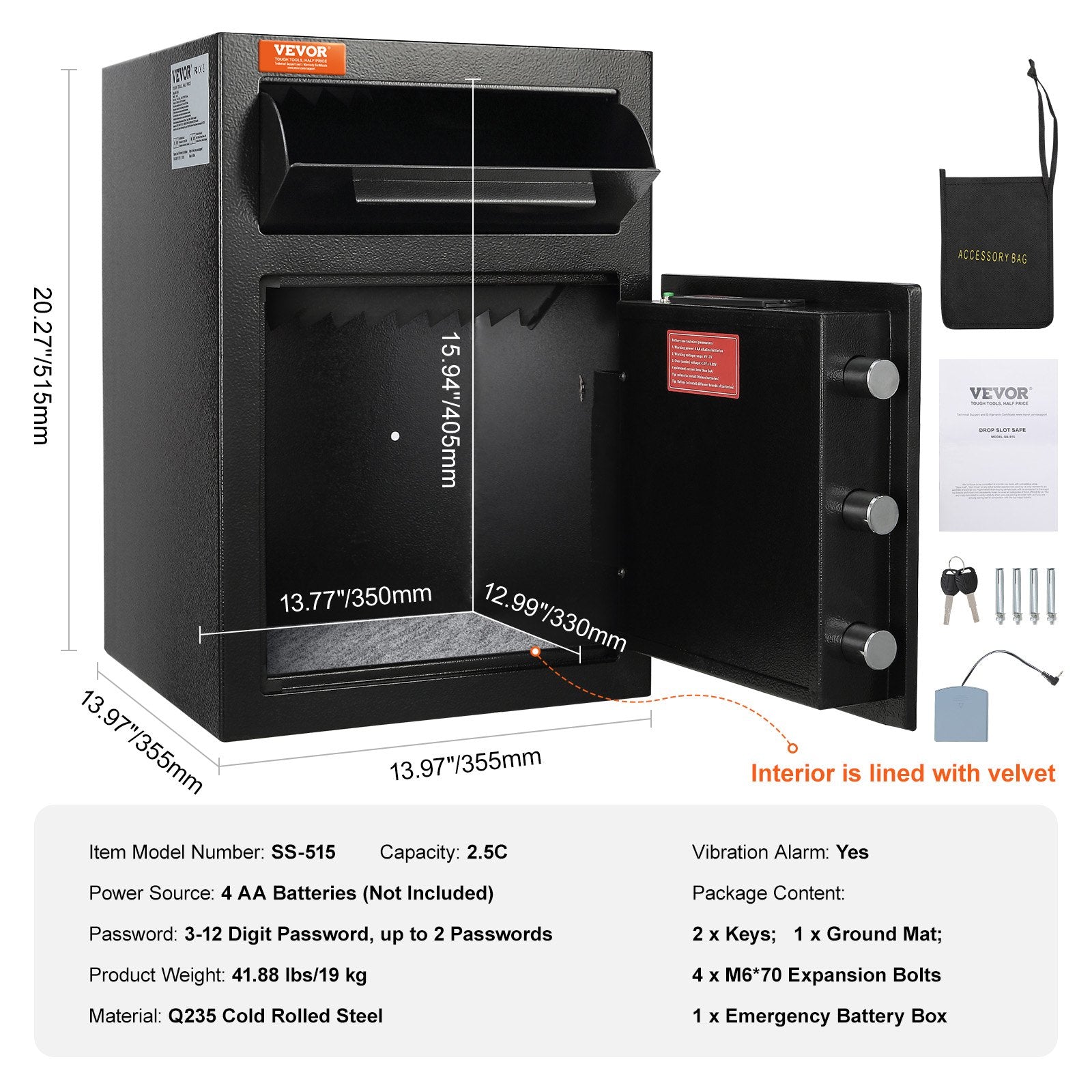 2.5 Cub Depository Safe, Deposit Safe with Drop Slot, Electronic Code Lock and 2 Emergency Keys, 20.27'' x 13.97'' x 13.97'' Business Drop Slot Safe for Cash, Mail in Home, Hotel, Office - Image 7
