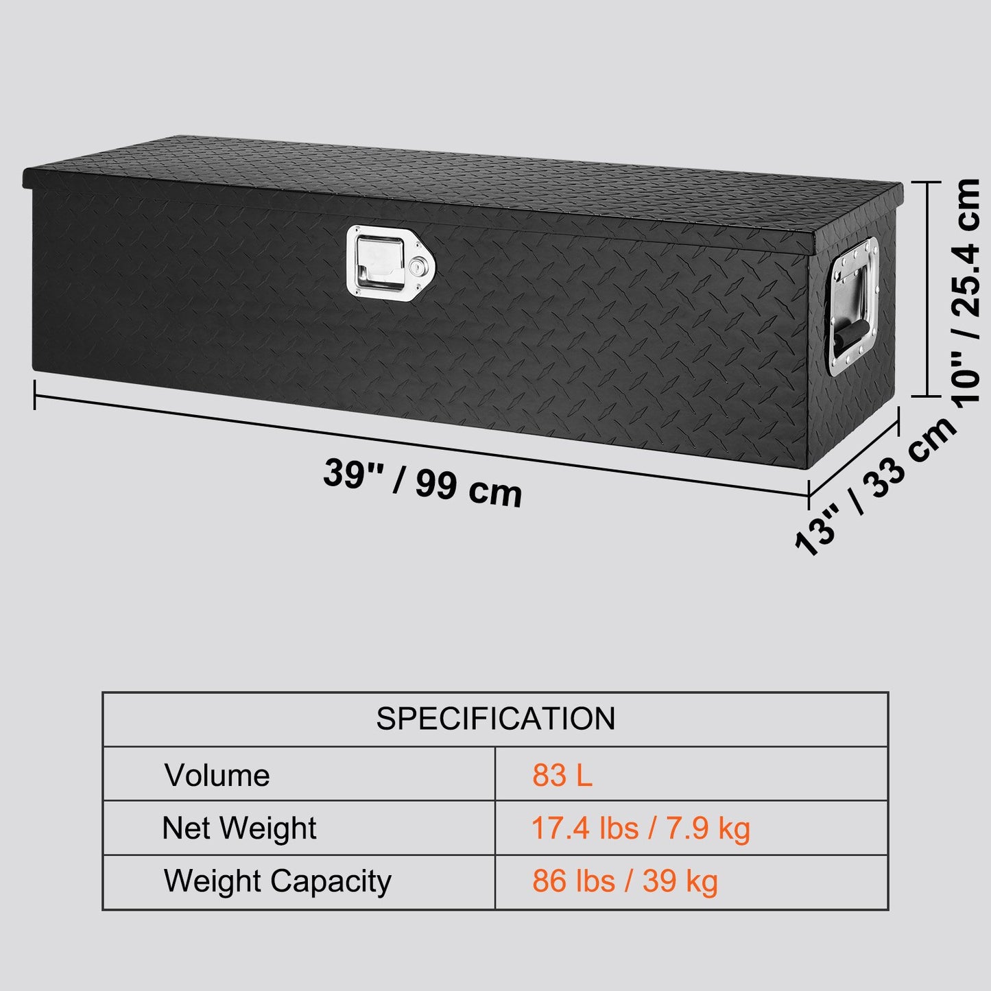 Heavy Duty Aluminum Truck Bed Tool Box, Diamond Plate Tool Box with Side Handle and Lock Keys, Storage Tool Box Chest Box Organizer for Pickup, Truck Bed, RV, Trailer, 990 x 330 x 254 mm, Black - Image 7