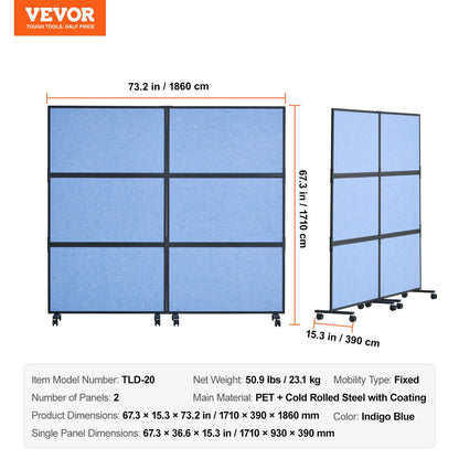Acoustic Room Divider Partition Panel Privacy Screen 2 Pack Indigo Blue - Image 7