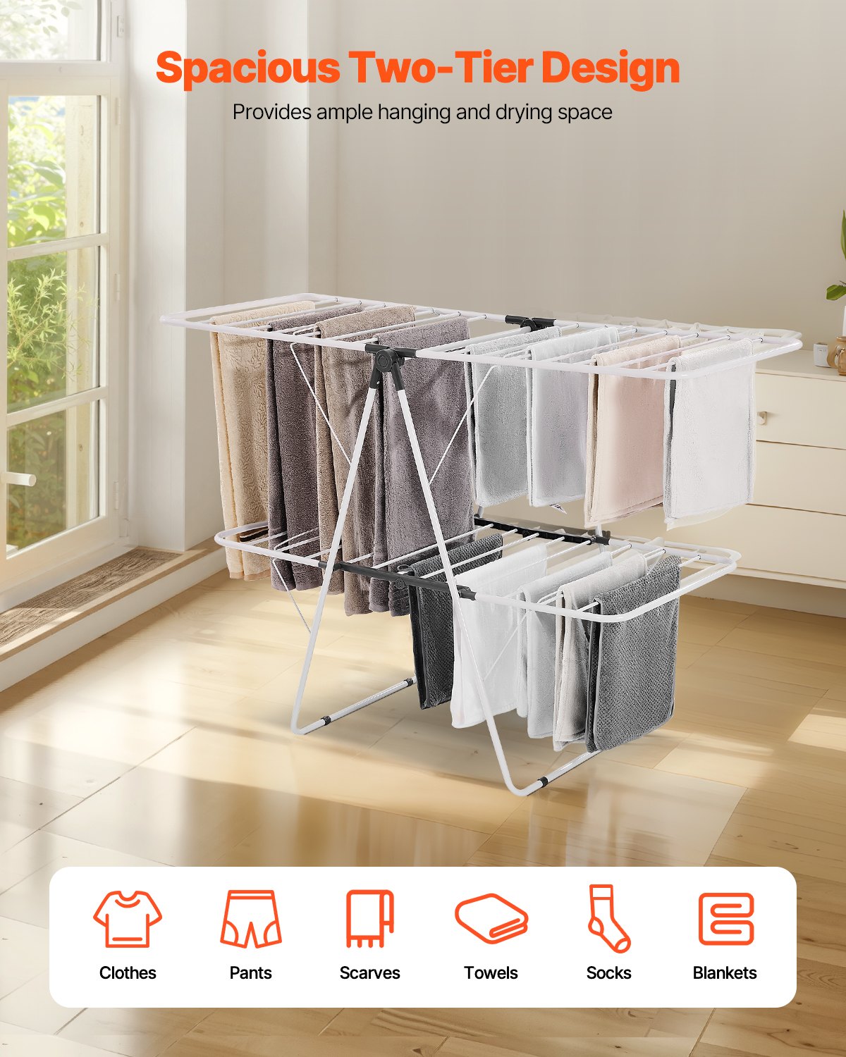 2-Tier Foldable Clothes Drying Rack with Sock Clips & 31 Drying Rods White - Image 2