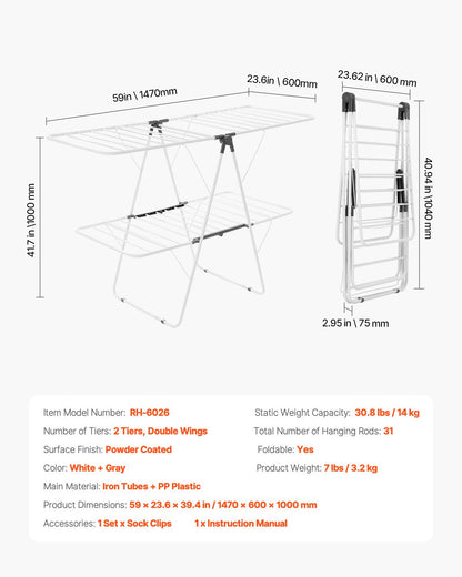 2-Tier Foldable Clothes Drying Rack with Sock Clips & 31 Drying Rods White - Image 7