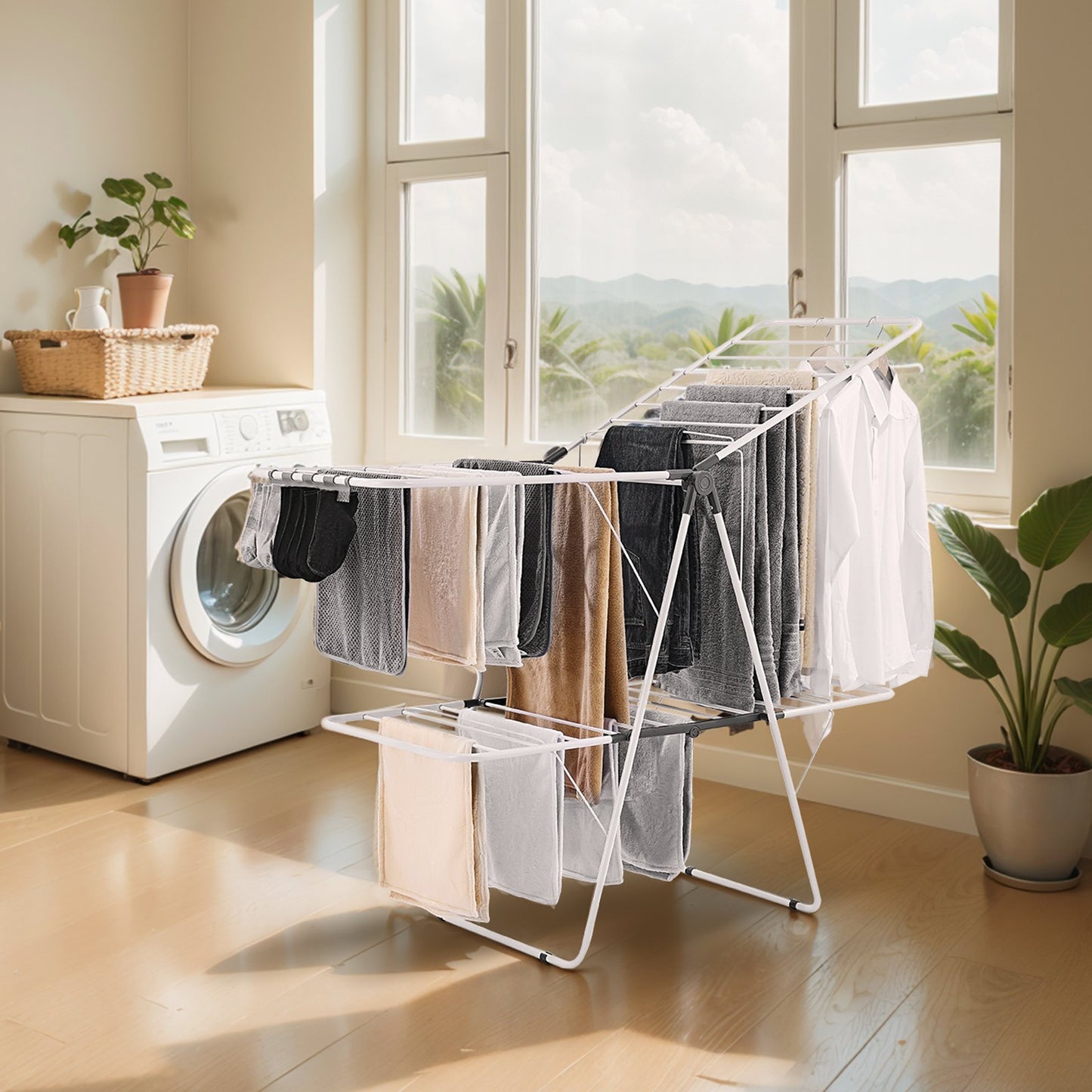 2-Tier Foldable Clothes Drying Rack with Sock Clips & 31 Drying Rods White - Image 8