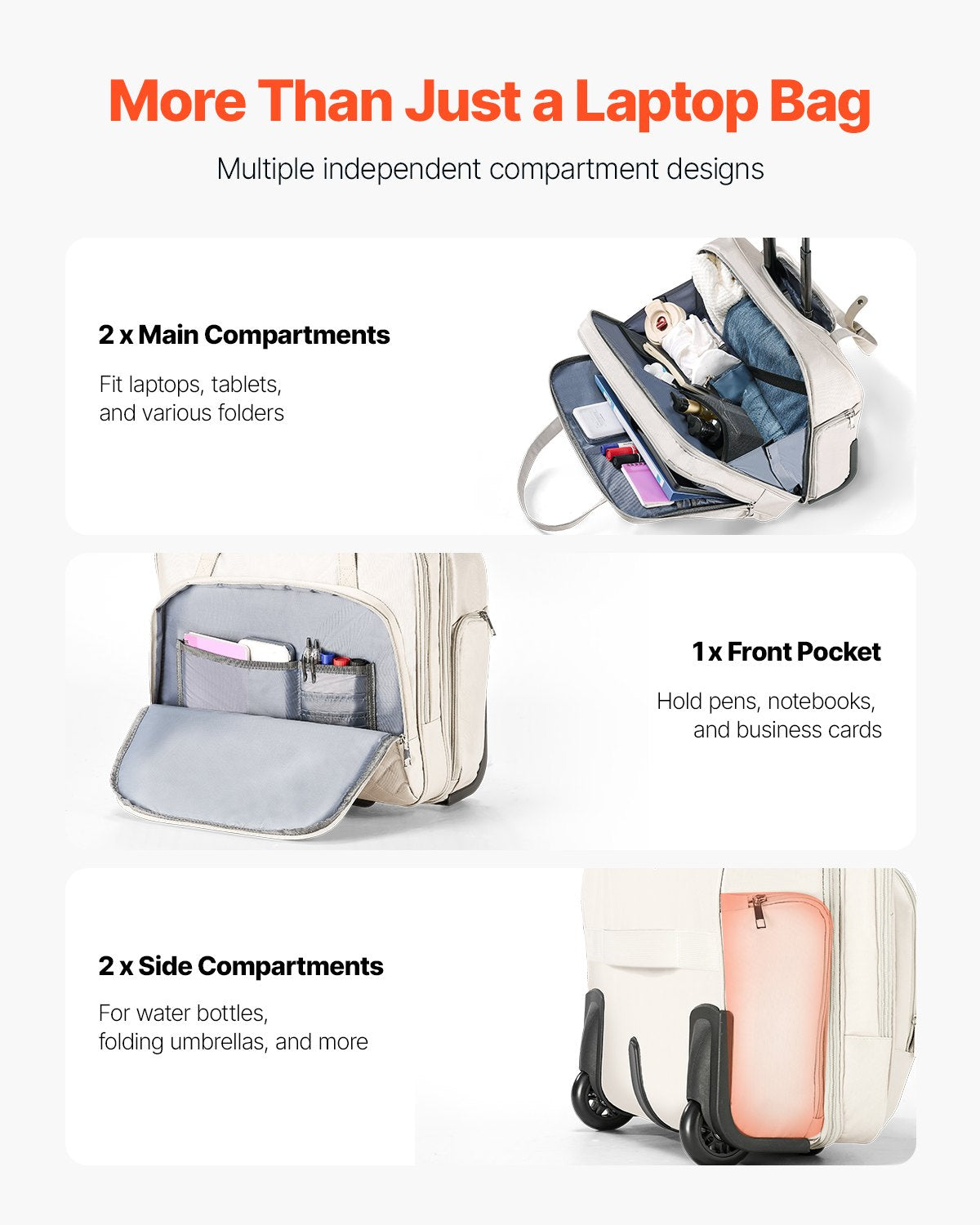 Rolling Laptop Bag, Fits Up to 15.6 Inch Laptop, Wheeled Briefcase, Roller Computer Tote Bag with 2 Fixed Wheels & Telescoping Handle, Laptop Case for Work Travel Business Office, Women Men - Image 3
